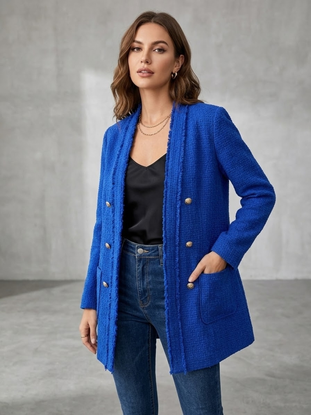 Suzy Shier Royal Blue Bouclé Long Blazer with Gold Buttons Size Med